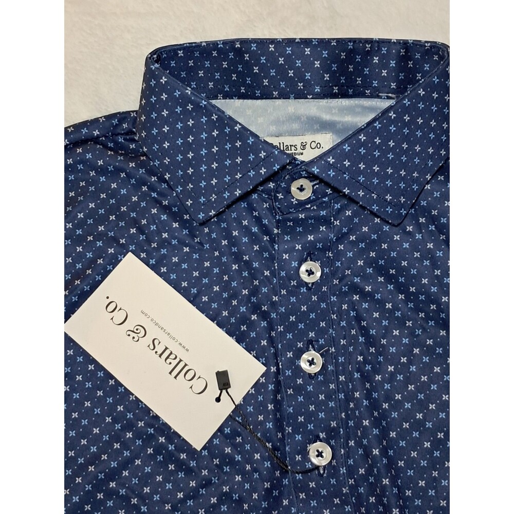Collars & Co Blue White Geometric Short Slv Dress Collar Polo Shirt Size M NWT